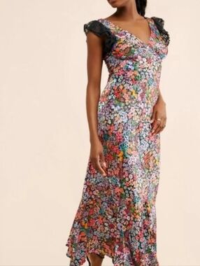 Beach Riot Elodie Maxi Dress Womens Medium M Black Floral Satin Flutter Sleeve